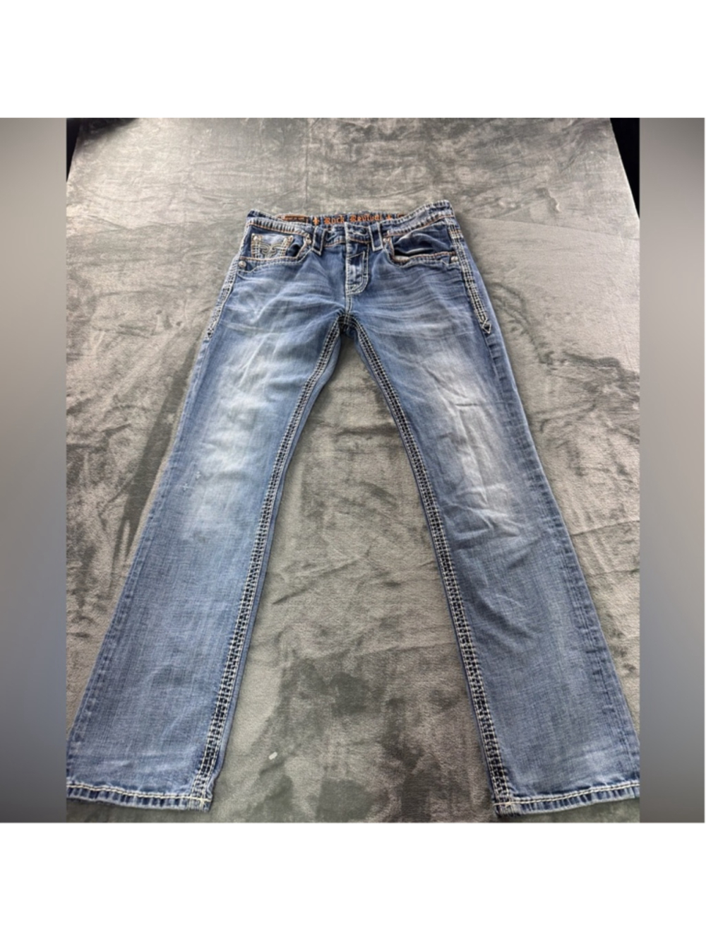 Rock Revival Jeans Men's 33 Dan Straight Heavy Stitch Y2K Fleur Streetwear Blue
